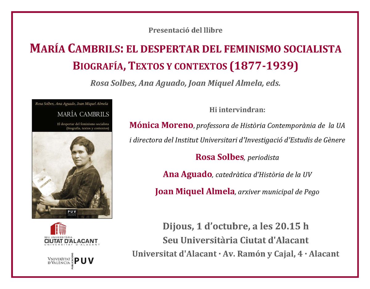 UA_Universidad's tweet photo. +1 MT @PublicacionsUV: Dijous presentem el llibre sobre María #Cambrils, amb els autors i Mónica Moreno #IUIEG. http://t.co/JBxuYziuCg