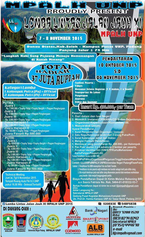 Lomba Lintas Jalan Jauh XI
<a href="/infoSumbar/">SUMBAR</a> <a href="/infokabsolok/">Info Kabupaten Solok</a> <a href="/mediaUNP/">Media UNP</a> <a href="/portal_sumbar/">Portal Sumbar</a> <a href="/InfoPadang_/">Info Padang</a>