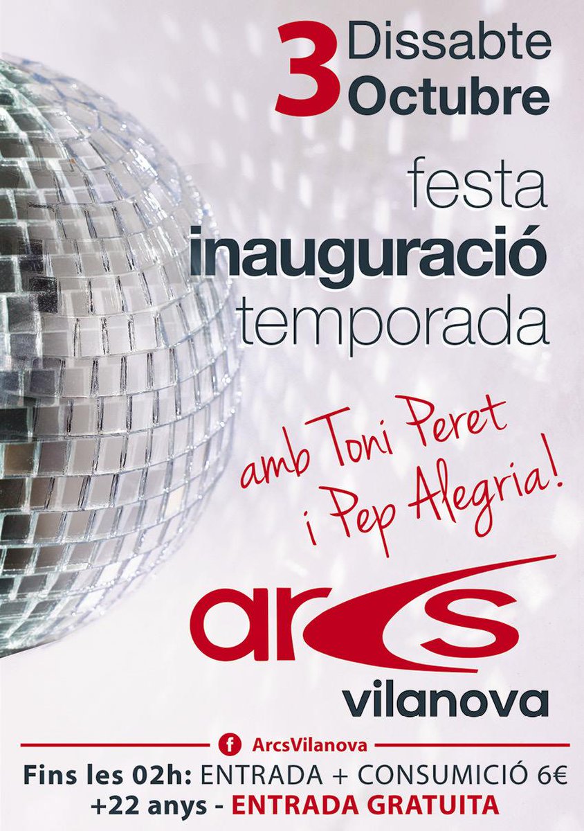 ArcsVilanova's tweet photo. DISSABTE 03 OCTUBRE, a partir de mitjanit viurem la "GRAN FESTA #OPENING2015" 
--> https://t.co/w9MarTDMGA http://t.co/3a2UMvl190