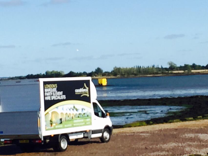 TiptreeBalloon's tweet photo. Two lorries heading out across the river Blackwater to Osea island at low tide yesterday #Essex http://t.co/4GMVKMkQw4