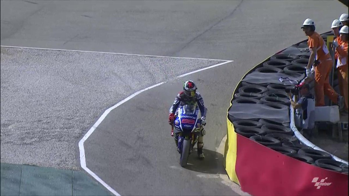 MotoGP's tweet photo. Half of #MotoGP FP4 gone and @lorenzo99 has reclaimed his spot at the top of the time sheets, despite a rare mistake. http://t.co/U0tHUNPmsB