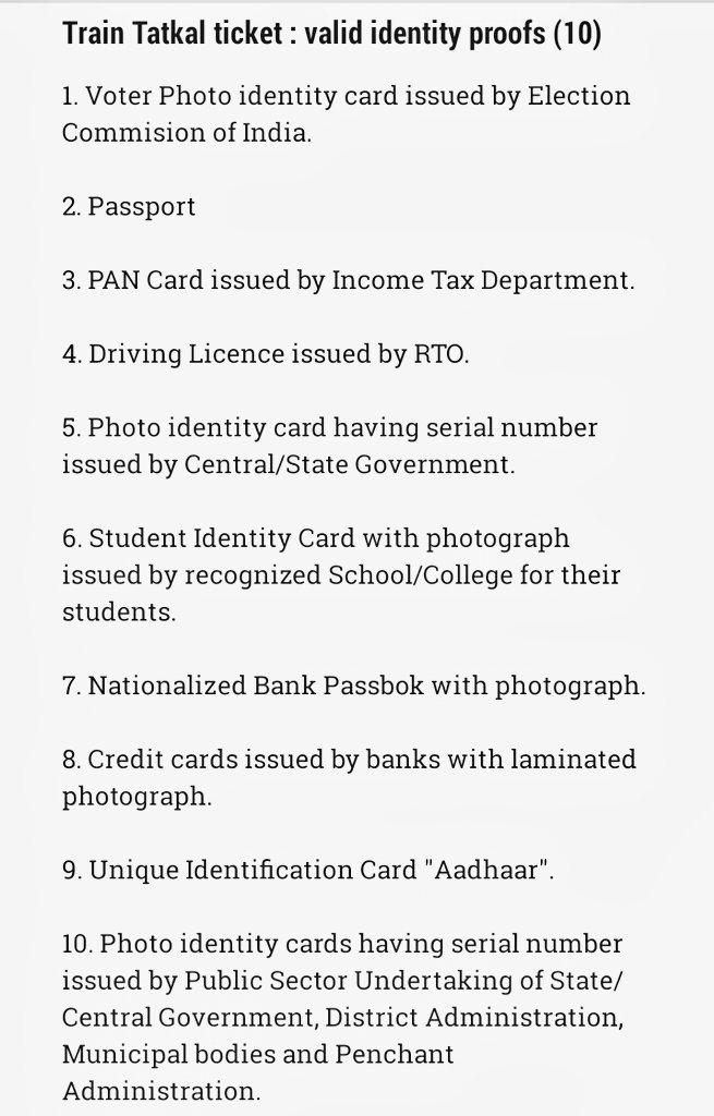 vivek_orthopod's tweet image. Train tatkal ticket : 
10 valid identity proofs that we can carry ⤵

#RailTips