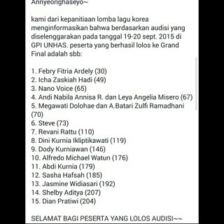 Korea_CornerUH's tweet photo. Congratulation..
Bagi 15 besar peserta yg lolos ke GRAND FINAL 10 Oktober 2015 http://t.co/dSyRuPF707