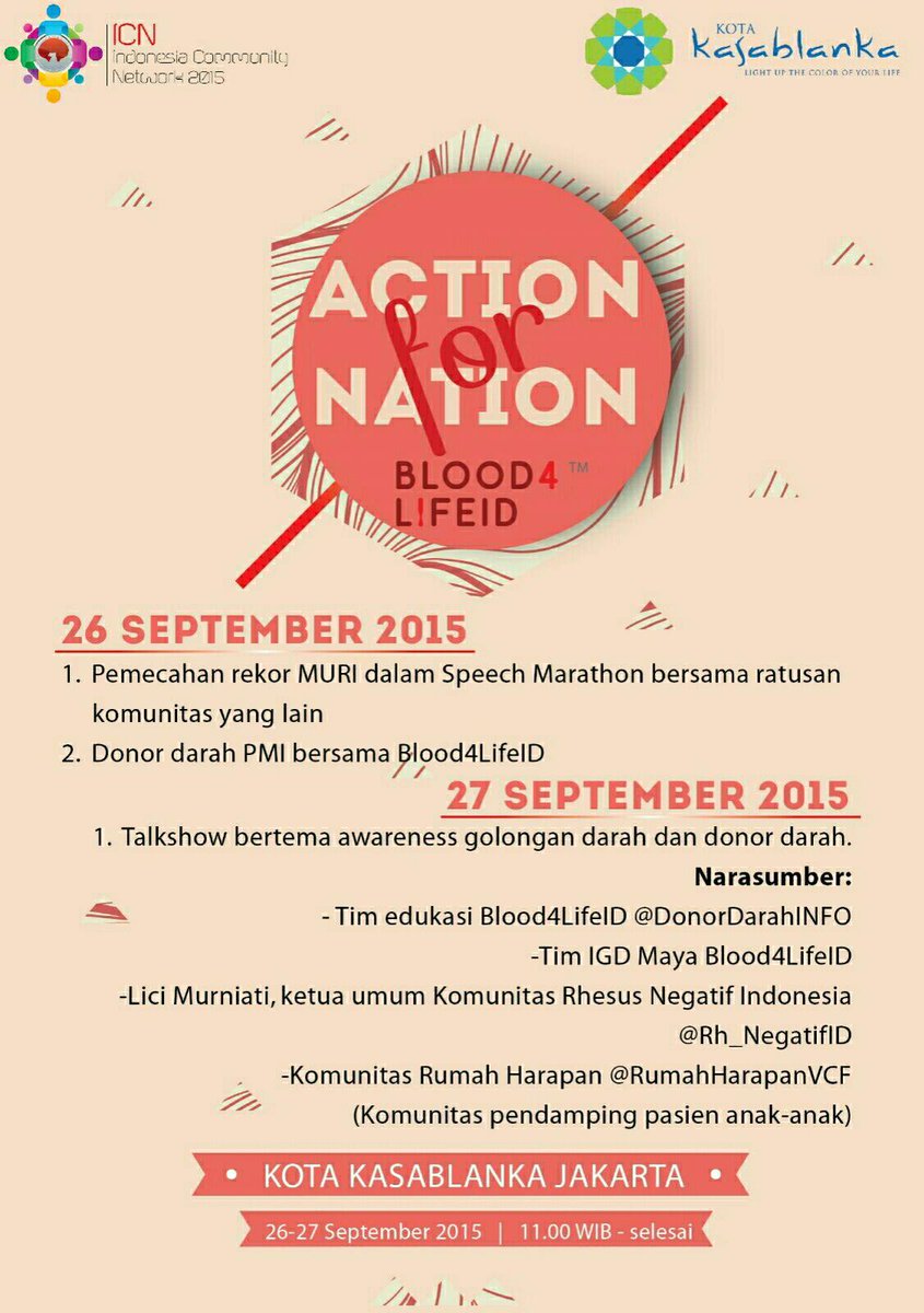 Teman2, yuk datang ke day-2 ICN di KoKas. <a href="/Blood4LifeID/">BFL INDONESIA</a> punya mini talkshow dgn topik awareness akan donor darah 😊