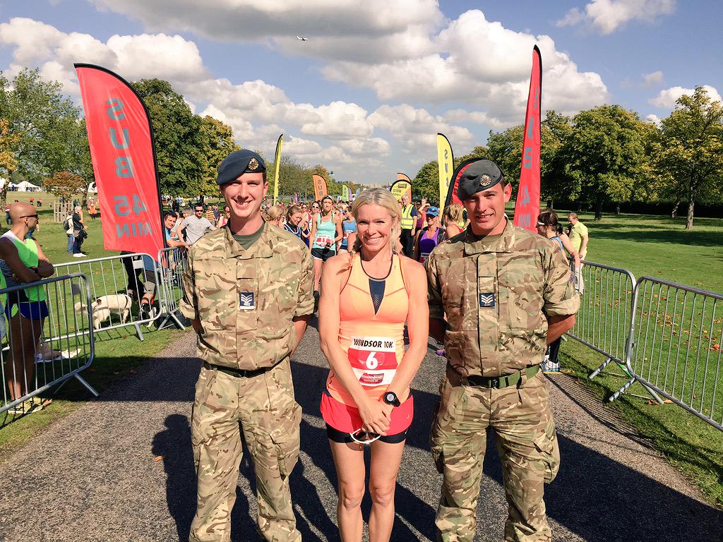 Sgts Smart and Humphreys with Nell McAndrew at the start of the #Running4Women10k #aircadets #windsorcastle