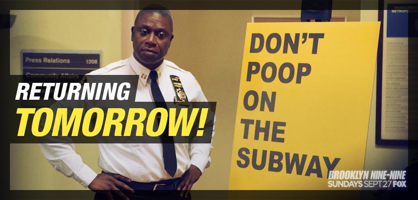 brooklyn99's tweet photo. Don't miss the Season 3 premiere of #Brooklyn99 tomorrow at 8:30/7:30c on @FOXTV. Captain's orders! http://t.co/cg68y9nNI6