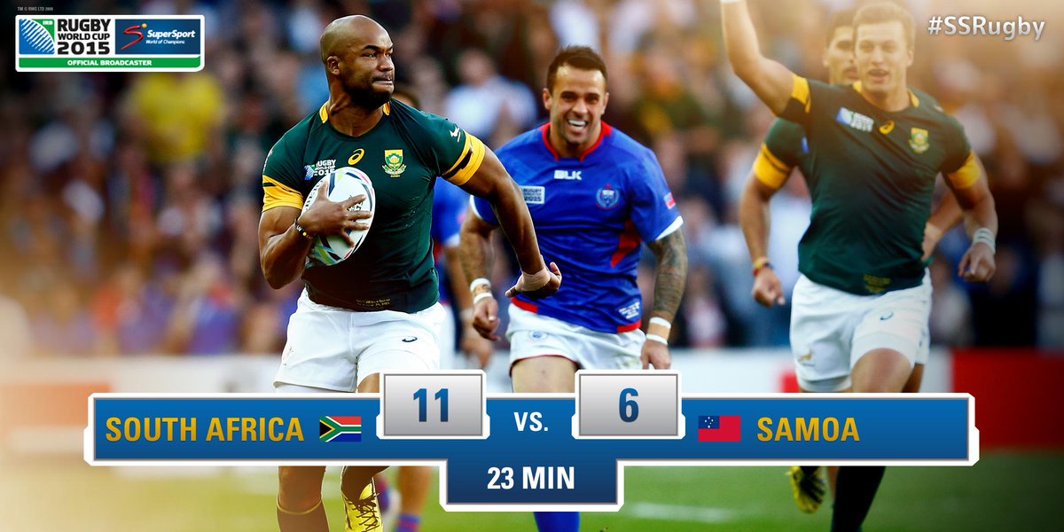 SuperSportTV's tweet photo. #RWC2015 - A brilliant intercept from JP Pietersen has given the Springboks the egde against Samoa. #SSRugby http://t.co/sVXoL0nOJL