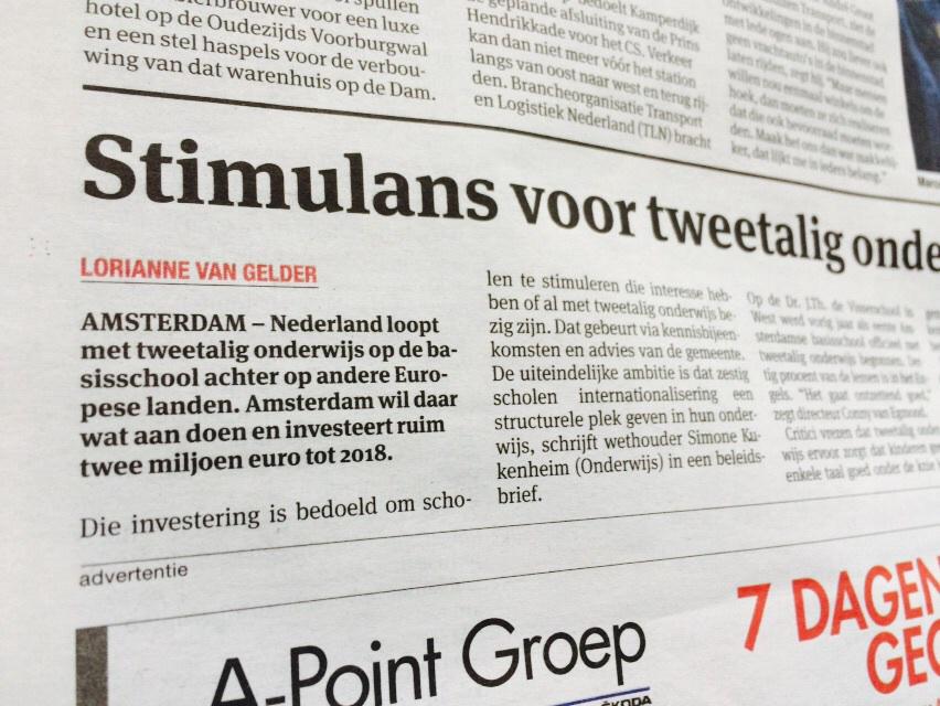 Samen met <a href="/AmsterdamNL/">Gemeente Amsterdam</a> trekt <a href="/EpNuffic/">EPNuffic</a> op om tweetalig onderwijs te stimuleren. Lees erover in <a href="/parool/">Het Parool</a> #tto