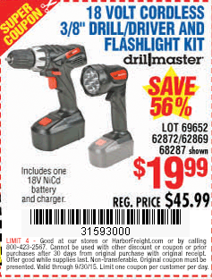 Harbor Freight on X: Save 56% on this Drillmaster 18 Volt 3/8 in. Cordless  Drill/Driver & Flashlight Kit w/#coupon.    / X