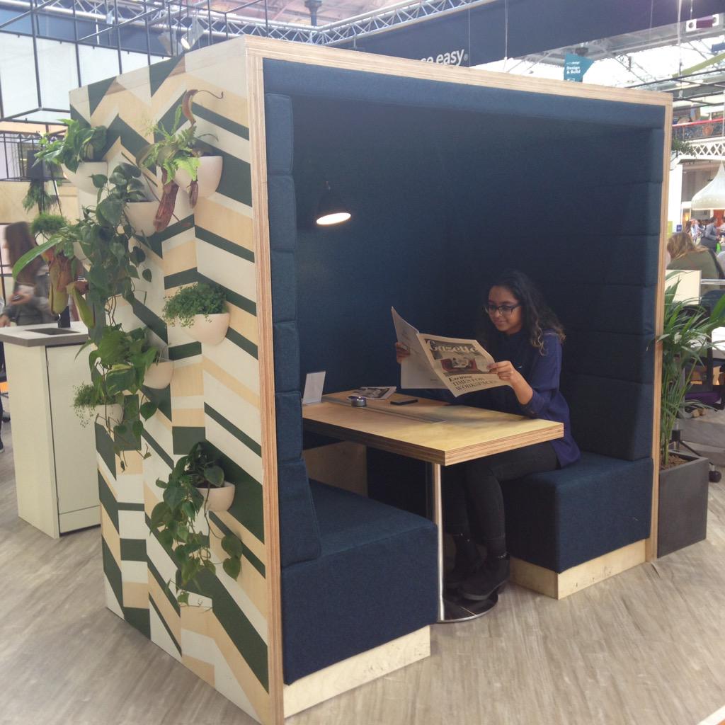 designlondon's tweet photo. In #workplace at #100design Spacestor are showcasing these stylish acoustic booths #LDF15 #designincolour http://t.co/vCQyOoypy6