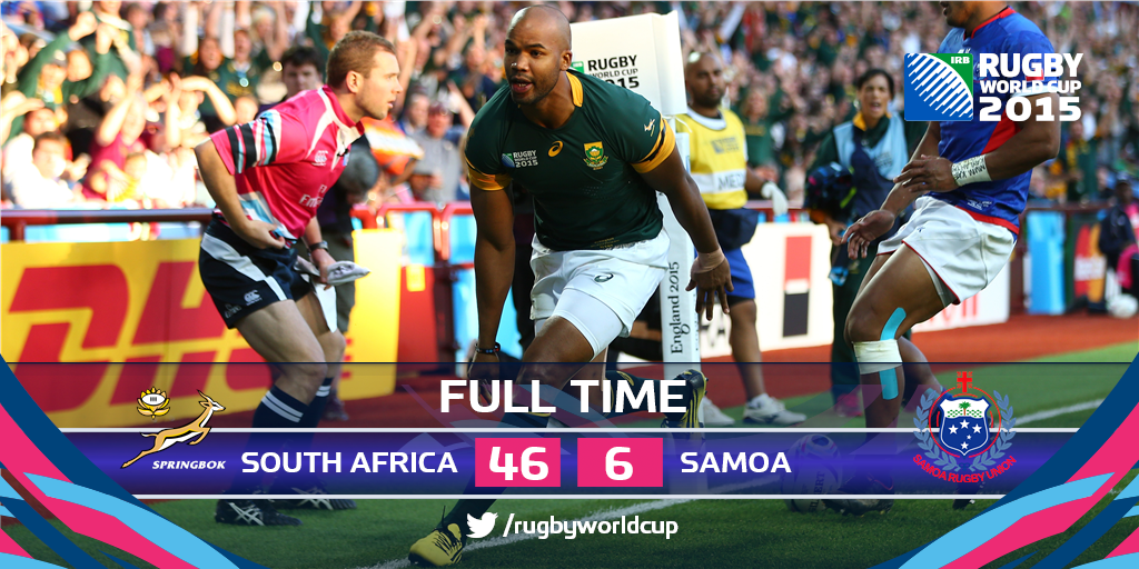 rugbyworldcup's tweet photo. THREE FOR JP A hat-trick for @jppietersen14, the second of #RWC2015, seals a vital win for #RSA against #SAM #RSAvSAM http://t.co/KKIGBtlaEW