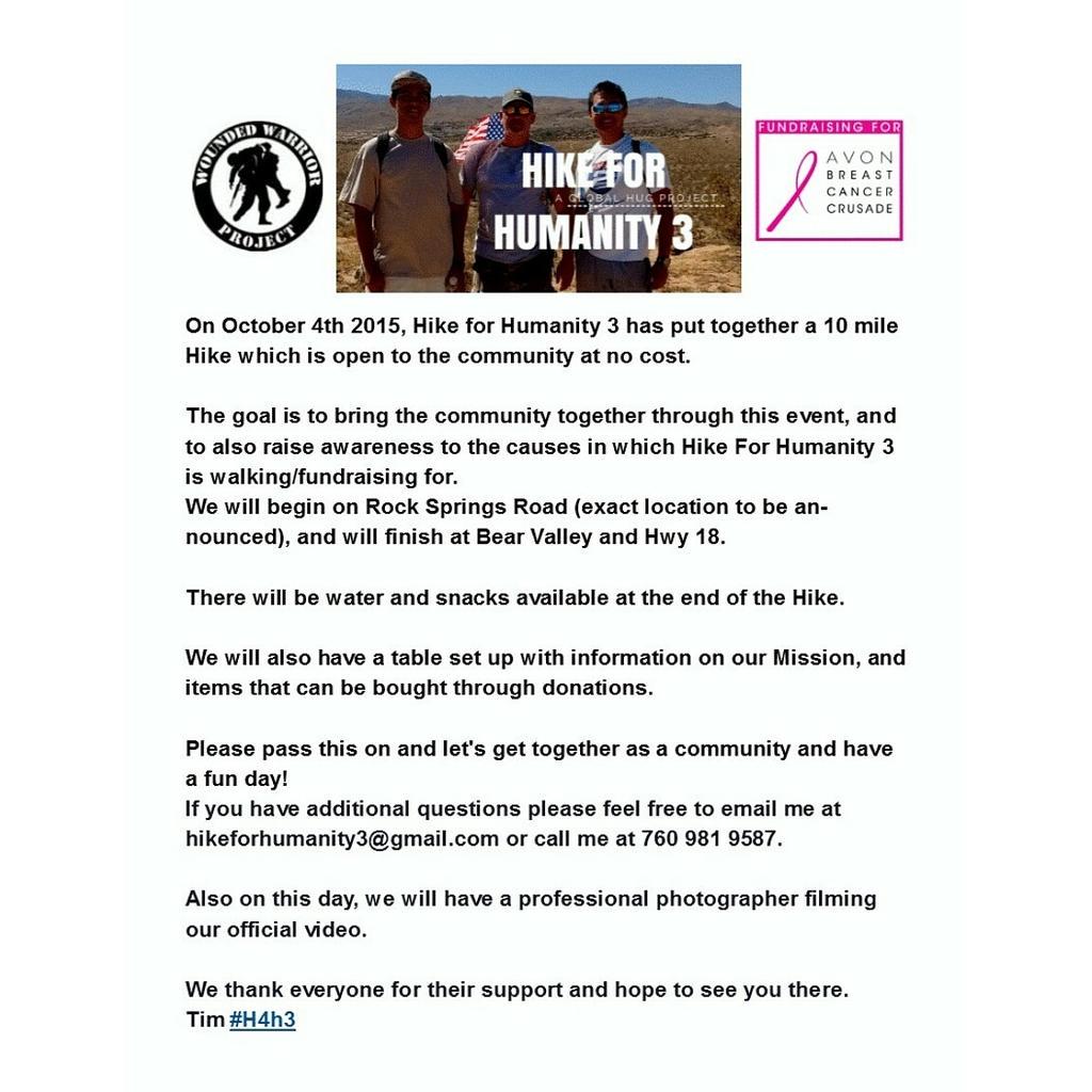 TimCallaghanHFH's tweet photo. #Hikeforhumanity3 #CommunityHike #october4th2015#Hesperia #H4H3 sign up up now. http://t.co/J0mDJEe8NS http://t.co/iSBanPN2cu