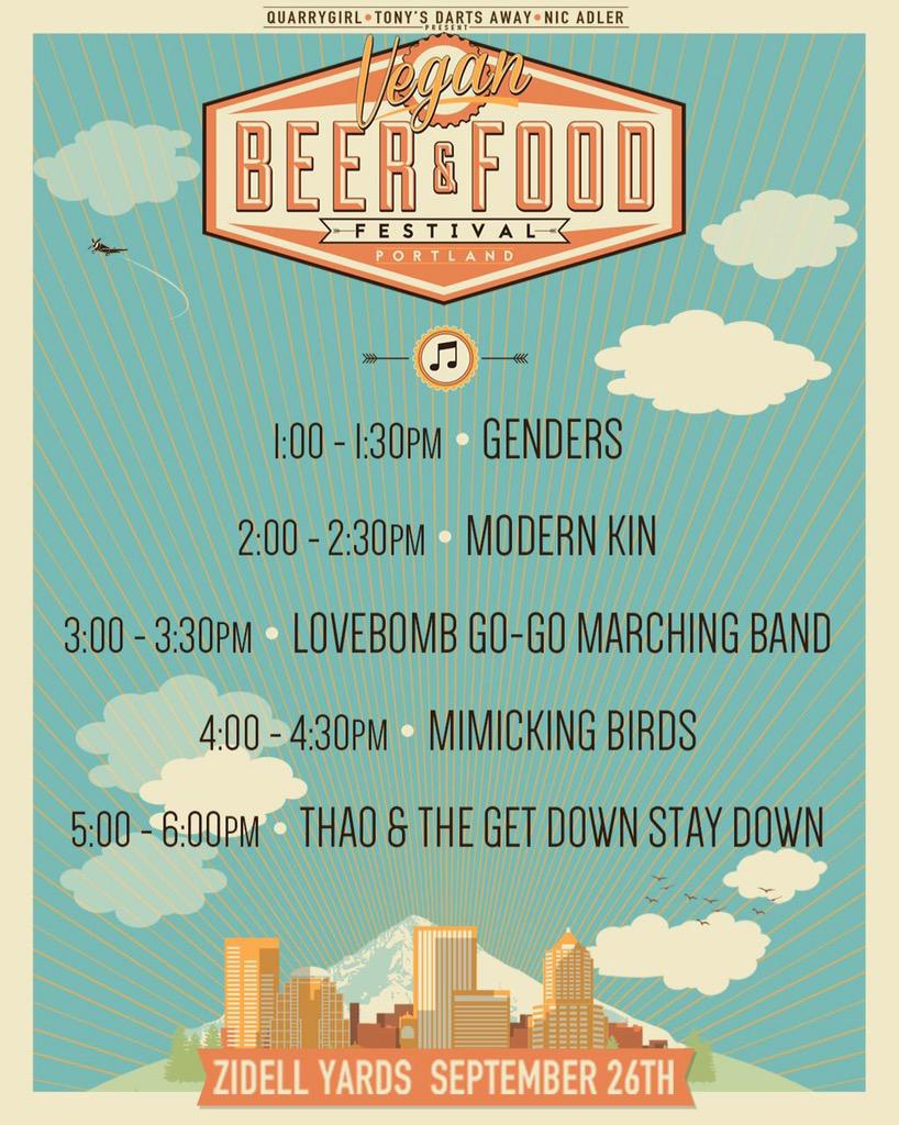 eatdrinkvegan's tweet image. SET TIMES: @Genderspdx 1-1:30; @ModernKin 2-2:30; @LoveBombGoGo 3-3:30; @MimickingBirds 4-4:30; @Thaogetstaydown 5-6