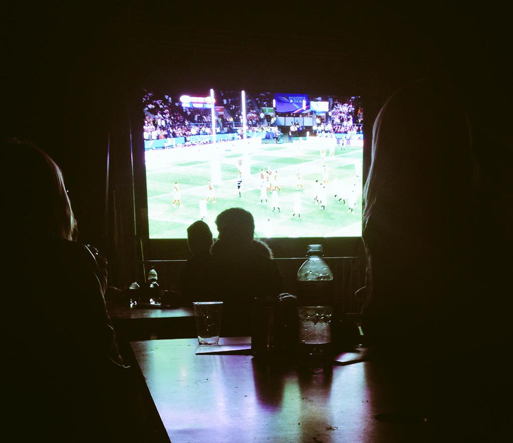 allysinyard's tweet photo. Big screen #ENGvsWAL @RebeccaFront, @ActualBenMiller and Kevin Eldon talking @Crackanory. Good times @RadioTimesFest http://t.co/TQgDEaSE3K