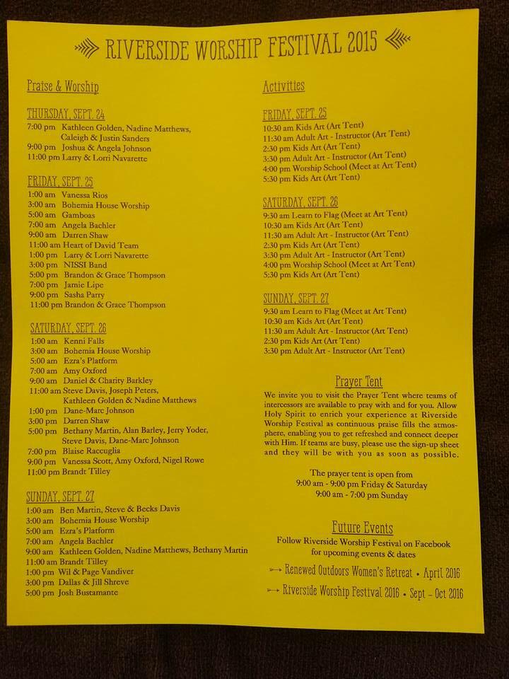RiversideWFest's tweet photo. #worship lineup For the weekend. #RiversideWorshipFest http://t.co/3c6UGSJmJ6
