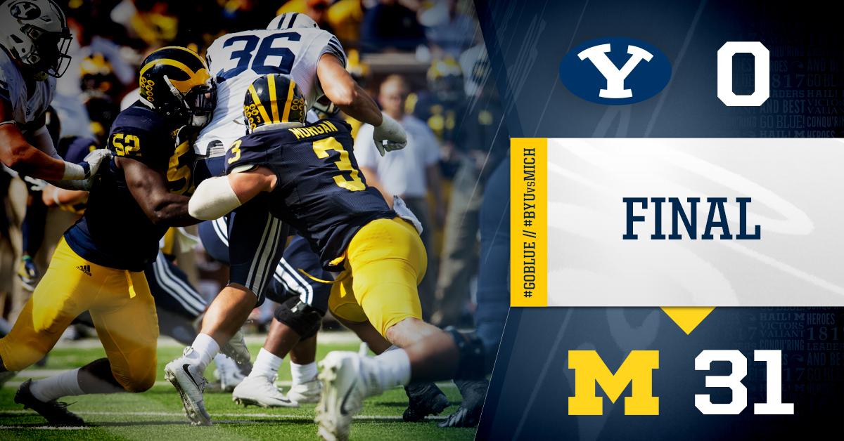 UMichFootball's tweet photo. Steady. Solid. Defense. 

Michigan defeats #22 BYU and improves to 3-1 on the season. 

#GoBlue http://t.co/IgEaUTYns3