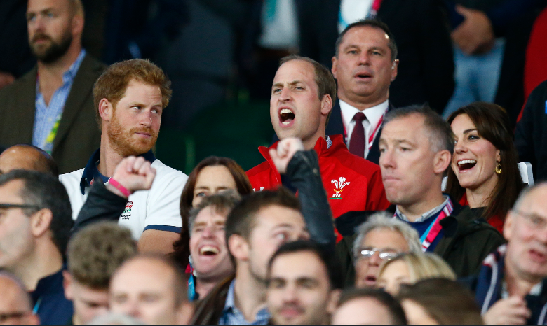 DailyMirror's tweet photo. Prince Harry flashes Wills scornful look as he gives not-so-subtle hint at Rugby allegiance http://t.co/4PKwe4wVfC http://t.co/m9OMACCBTj