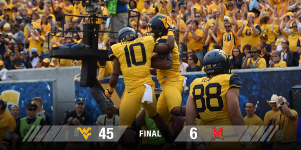 WVUfootball's tweet photo. West Virginia takes care of Maryland, 45-6, on Saturday afternoon! #HailWV http://t.co/POLTtgyKNu