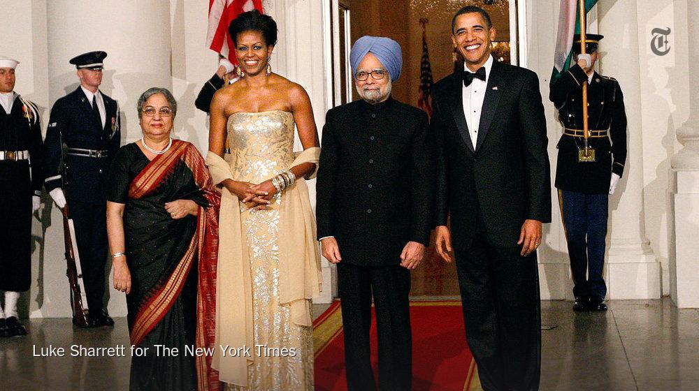 nytimes's tweet photo. A look at Michelle Obama's state dinner gowns http://t.co/AytIotbMWn http://t.co/4woT0lHHta