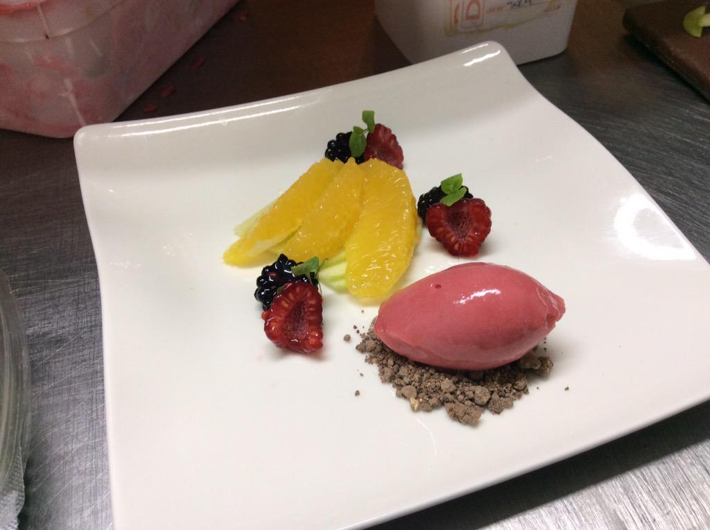 Fruite salad  Apple. Raspberry sorbet