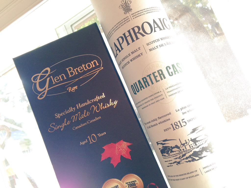julilly's tweet photo. Biggest decision of my Saturday. @GlenBreton vs @Laphroaig #howcanichoose #oldscotlandvsnewscotland http://t.co/J6rHkUTMyF