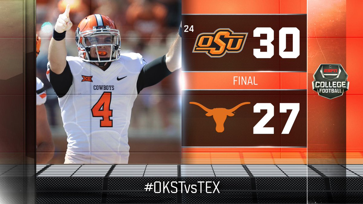 ESPNCFB's tweet photo. Oklahoma State completes the dramatic 4th Qtr. comeback to defeat Texas in Austin. #OKSTvsTEX http://t.co/57GTMGpLwd