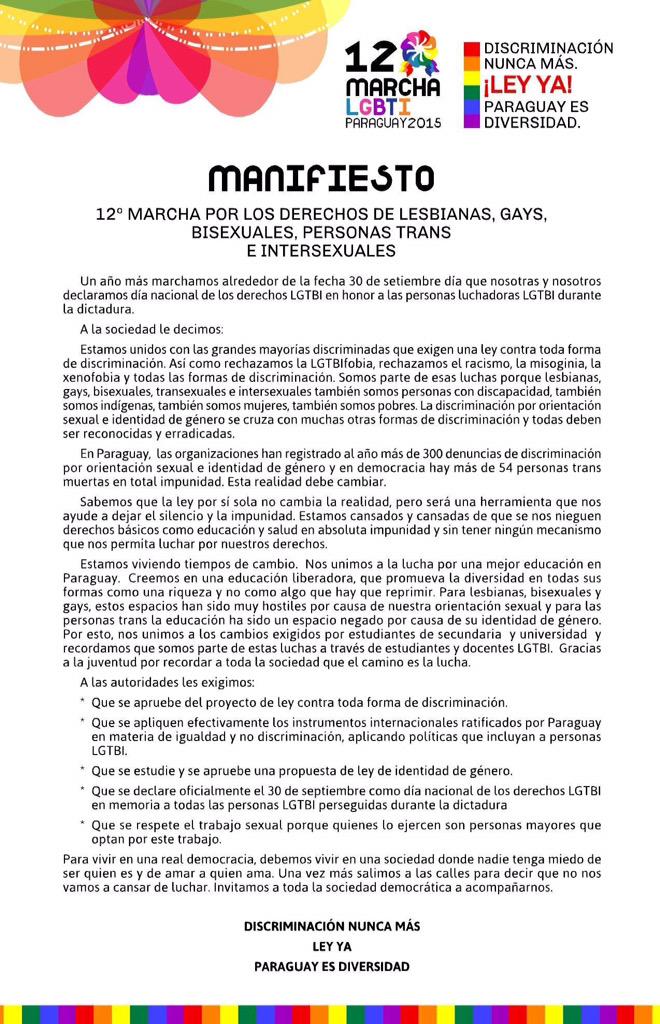 MarchaLGBTI's tweet photo. @faccionlatina este es el manifiesto de la marcha @Michimoragas @aireanapy @adricati http://t.co/OUcEGZrfsX