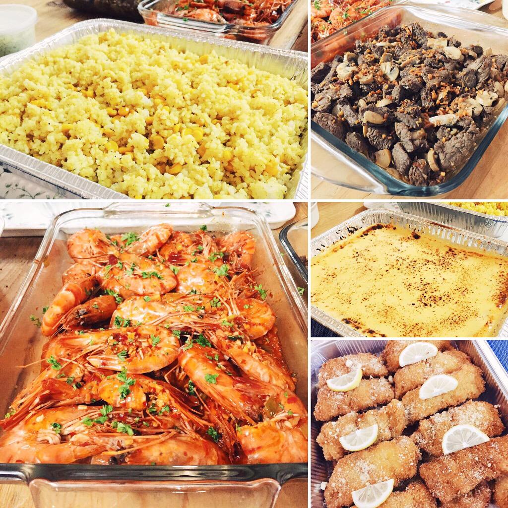 Ready for potluck lunch!corn and pepper rice, chili prawns, beef salpicao, lasagna and parmesan fish fillet