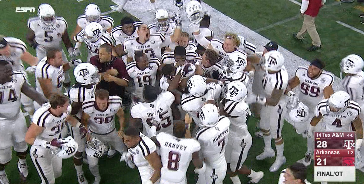 SECNetwork's tweet photo. The #Aggies are 4-0!

FINAL: #14 Texas A&amp;M defeats Arkansas, 28-21 in OT. #TAMUvsARK http://t.co/ld7GDZ3O8Z