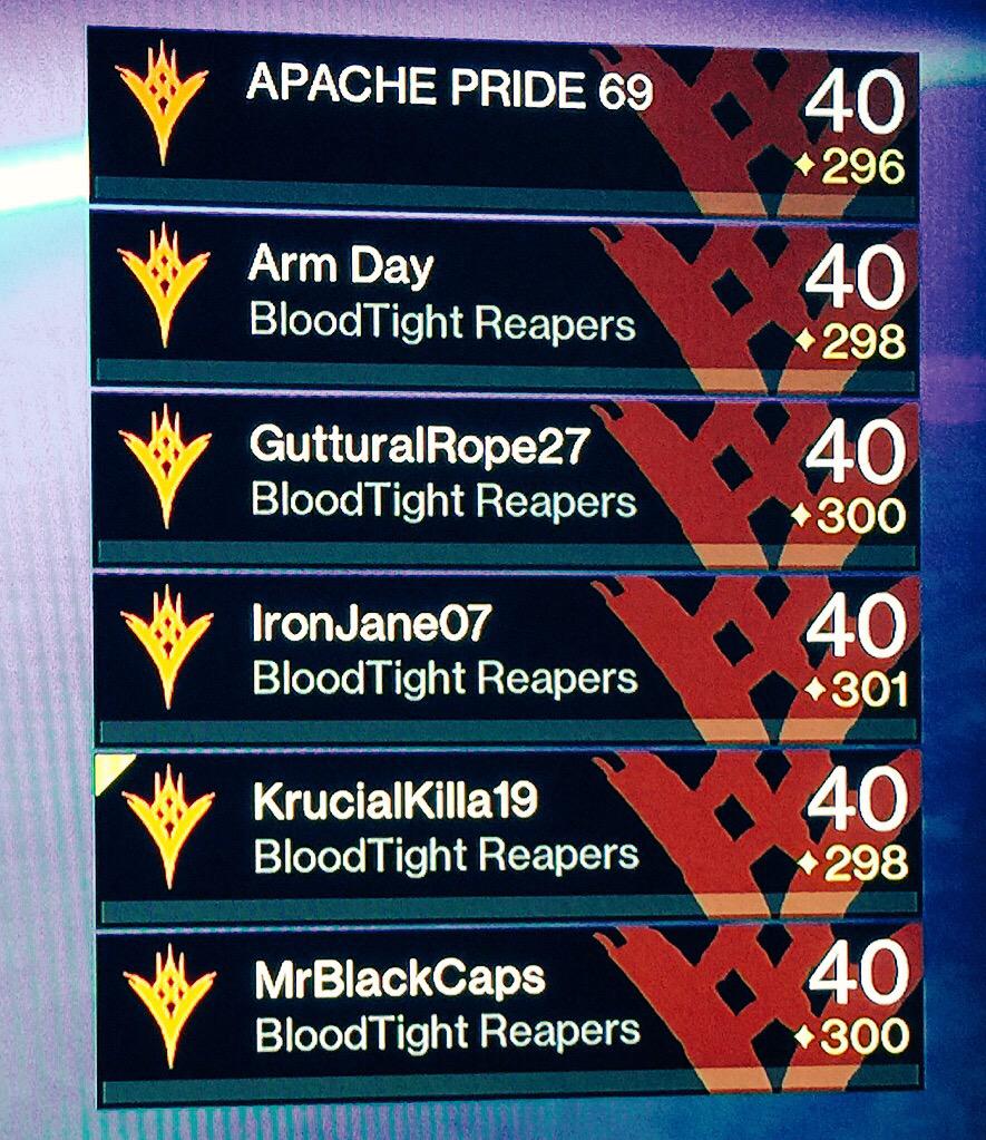 ReaperBNeSports's tweet image. Congrats To Reapers @KrucialKilla19 @IronJane07 @THE_NATIVE69 @OGCaps Arm &amp;amp; Rope on Defeating Oryx Tonight!!!