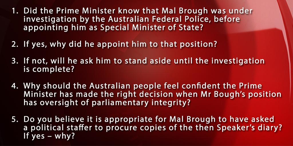 60Mins's tweet photo. Prime Minister @TurnbullMalcolm refused to answer the following questions regarding @MalBrough_MP: http://t.co/KRLxHIUAbu