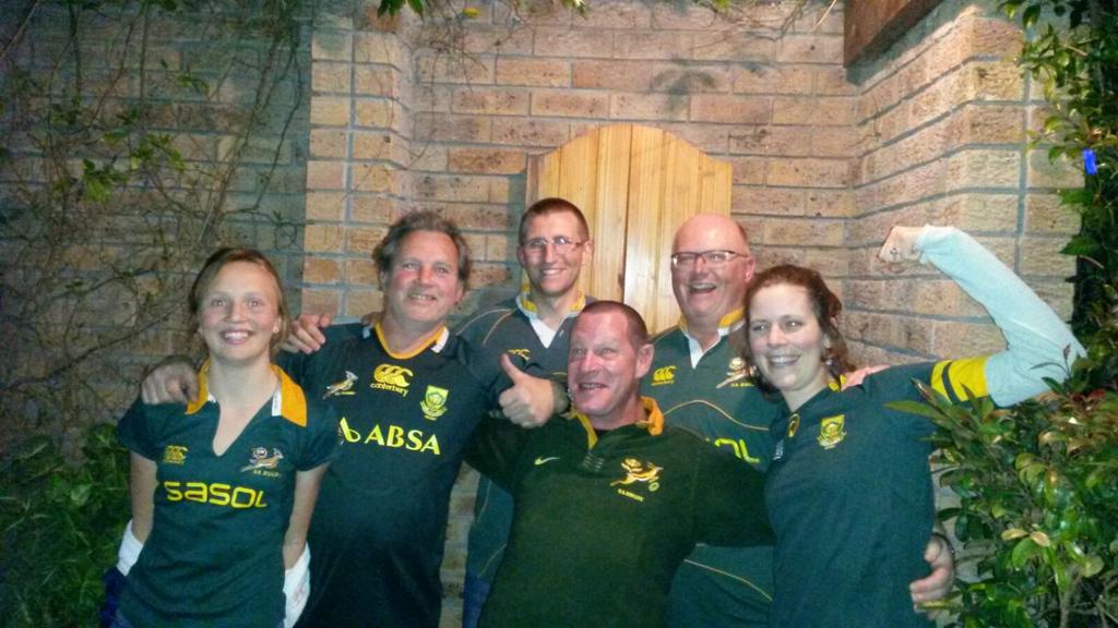 happybeaper's tweet photo. WP fans after quick change of clothes now  in green and gold celebrating the Bok resurrection @WP_RUGBY http://t.co/Nwg7geHrFy