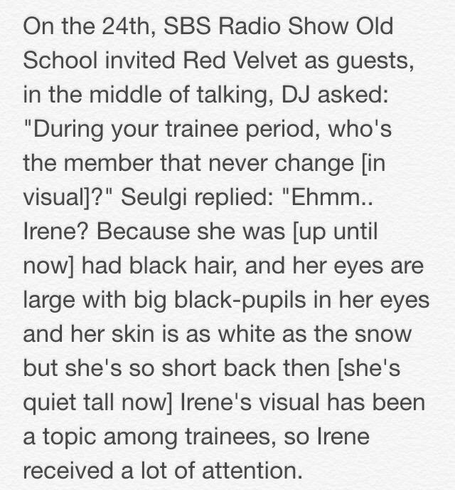 baechuxs's tweet photo. [TRANS] 150925 Chinese Kpopstarz: RedVelvet's #Irene awesome visual has attract people's attention since trainee. http://t.co/4cJKtFxKIc