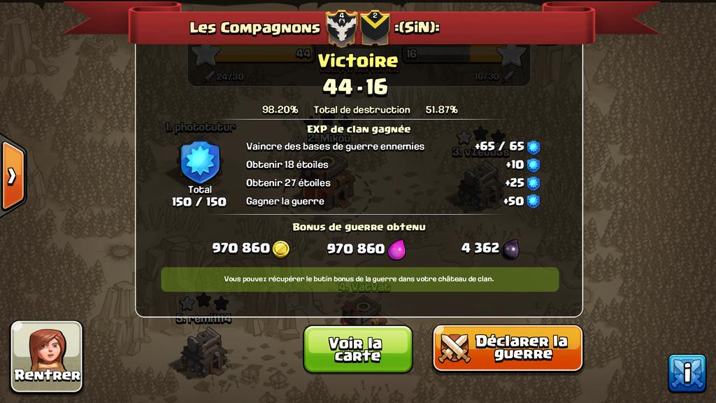 Compagnons_CoC's tweet image. Exelente guerre de clan qui frôle la perfection!
Bien joué les compagnons! #ClashOfClans #coc