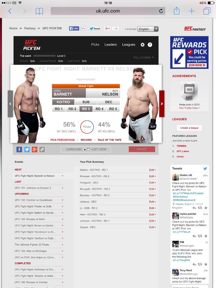 Thesaintmma's tweet photo. Ufc pick'em @UFCJapanFanClub @ufc http://t.co/1NNJyjS7jd