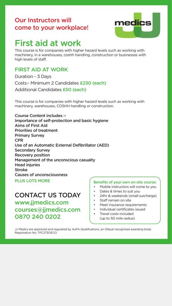 JjMedics's tweet photo. One of 7 courses we run @JjMedics at your place of work! 'FIRST AID AT WORK'  more info //  http://t.co/B3111vaK3J http://t.co/vGF9JT1aBo