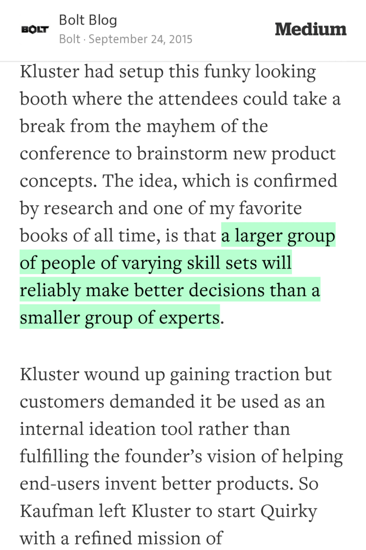 4n7's tweet photo. “a larger group of people of varying skill sets will reliably make better…” — @BoltVC https://t.co/GWTDthujDU http://t.co/H5kxoiJUj6