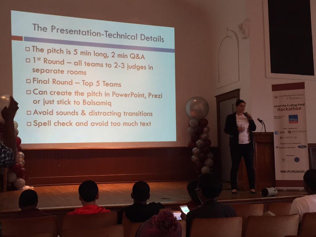 SMASHprogram's tweet image. Day 2 of #LeveltheCodingField Atlanta kicks off with &quot;Pitching 101&quot; with @engijen. #LPFIHacktivist