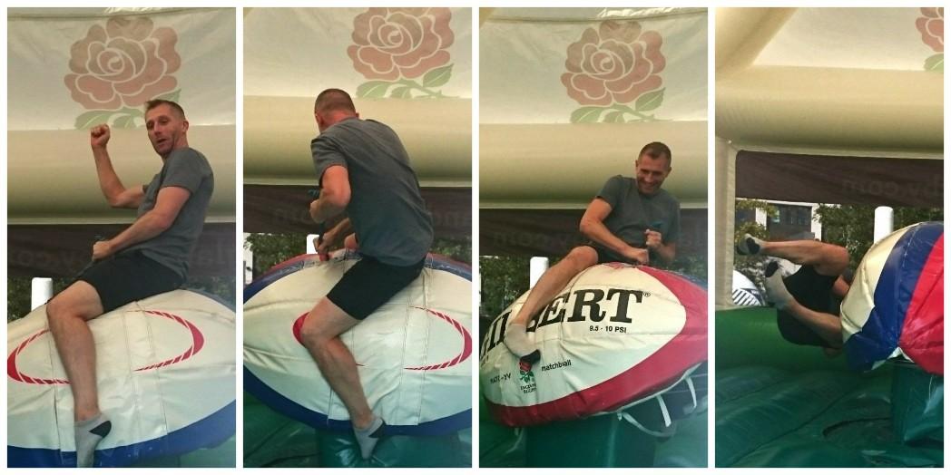 And here's Dave Glover, from Halesowen, being thrown from the bucking bronco.
#BrumRWC #RWC2015
