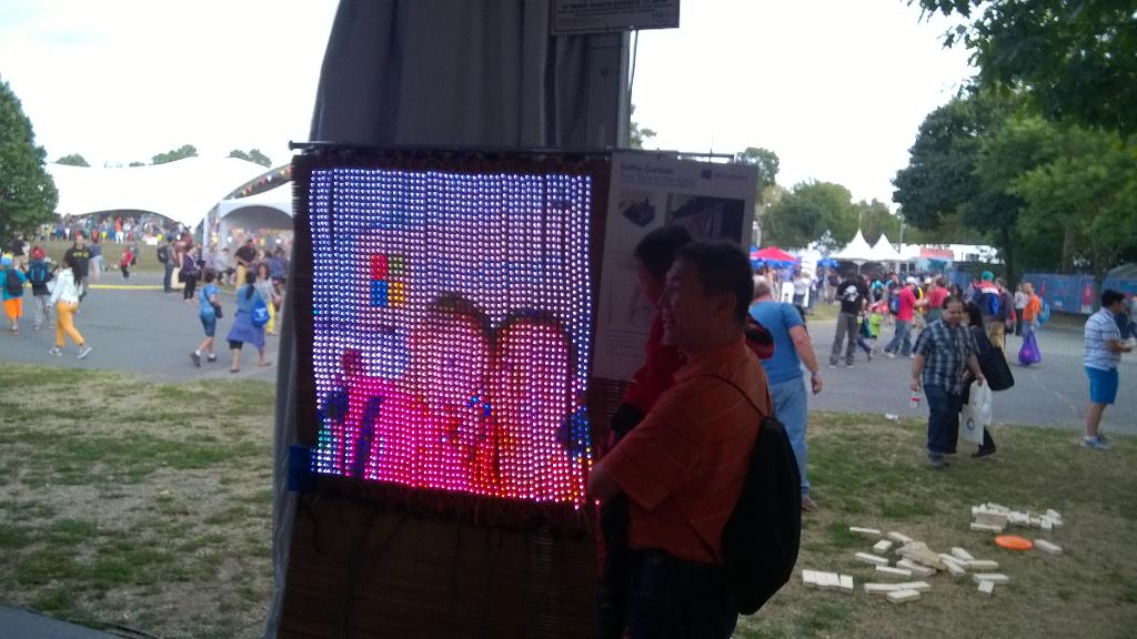 codefoster's tweet photo. Over 2000 RGB LEDs make up the RGB Curtain at the $MSFT both at NY Maker Faire #MakeInventDo http://t.co/KOv6SYZMPD