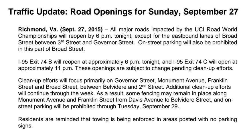 **CORRECTED** Road Openings <a href="/CBS6/">WTVR CBS 6 Richmond</a> <a href="/8NEWS/">8News WRIC Richmond</a> <a href="/NBC12/">NBC12 is now 12 On Your Side</a> <a href="/RTDNEWS/">Richmond Times-Dispatch</a> @1140WRVA #Richmond2015
