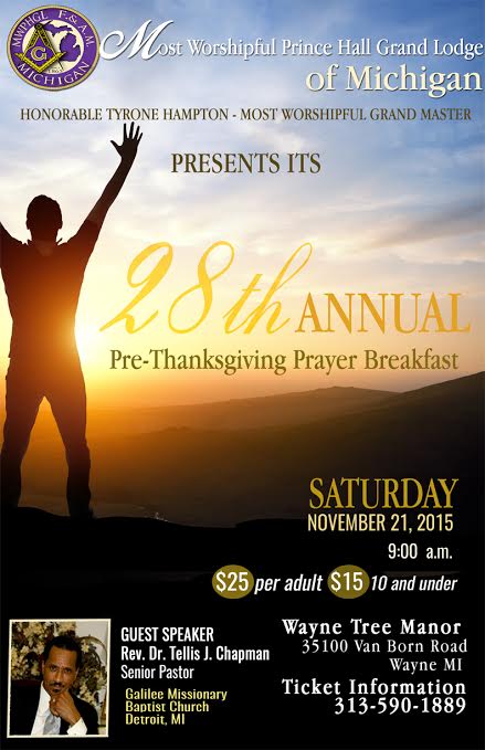 The 28th Annual Pre-Thanksgiving Prayer Breakfast is on Saturday, November 21, 2015, 9:00 a/m.