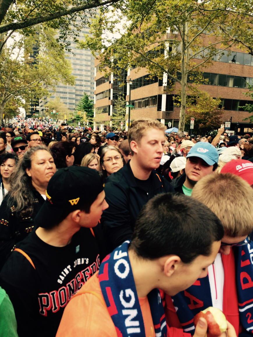 SJCampMin's tweet photo. SJ waiting to get into mass with the rest of Philadelphia #popeinphilly #popeadelphia #woopope http://t.co/kMpwRrrXdY