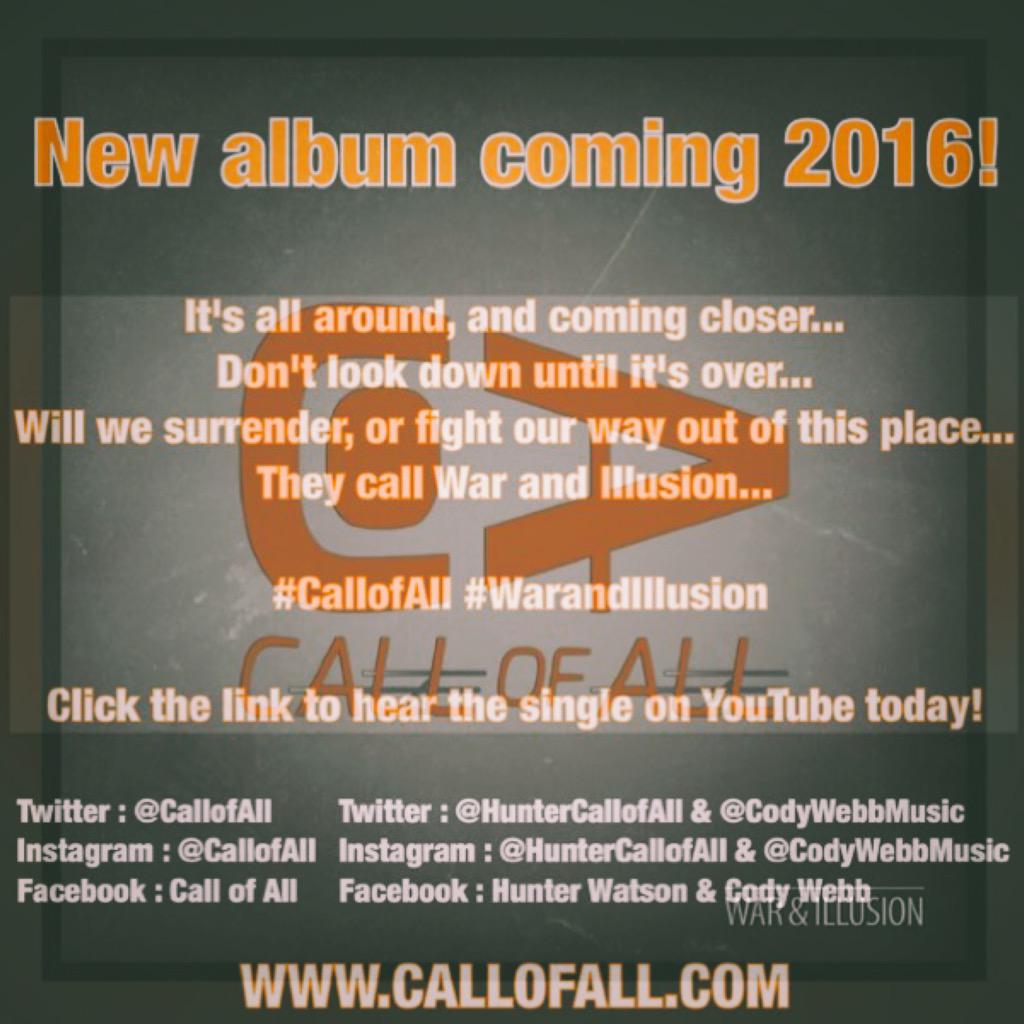 CallofAll's tweet photo. https://t.co/F5X1Vp5cMu

Click to listen to our debut single #WarandIllusion

#CallofAll #HunterWatson #CodyWebb http://t.co/L4WHaoY7B0