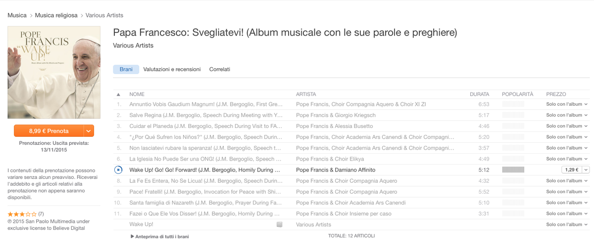 Fedez's tweet image. E' uscito il disco del Papa, aspetto la versione Dubstep dell'Ave Maria feat Paolo Brosio! Che hit raga
