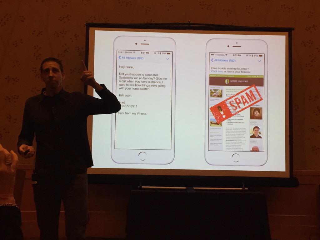 NAIREPnetwork's tweet photo. @dakno "perfect email is 5 sentences or less, be human, newsletters fail in mobile where email is read." #RESR2015 http://t.co/KWPR82vuik
