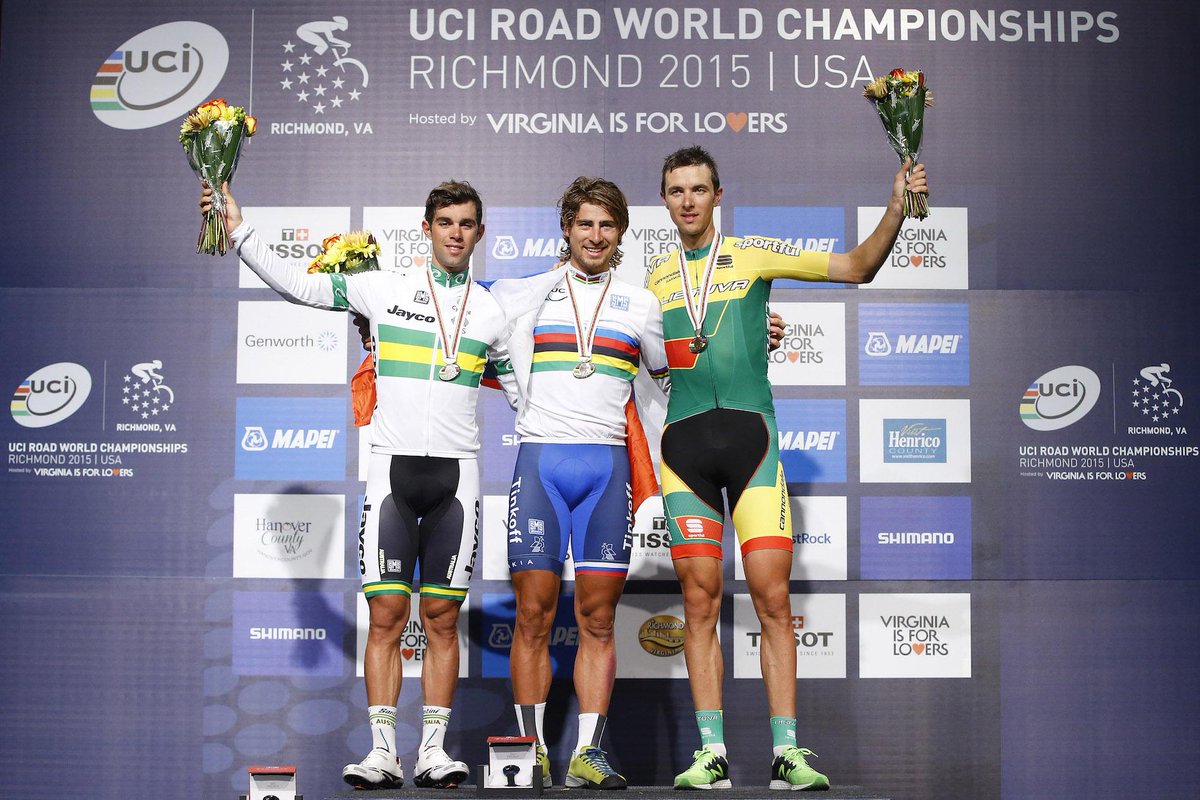 tinkoff_team's tweet image. What a sight!!! @petosagan pulls on the rainbow stripes! #Richmond2015 #TinkoffSaxo #WorldChampion