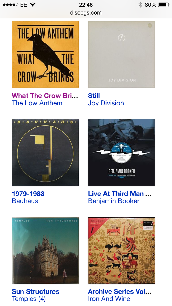 Jaysbee66's tweet photo. Browsing my discogs #discogs #TheLowAnthem #BenjaminBooker #TheTemples #Bauhaus #IronAndWine #JoyDivision http://t.co/6SMZTFHDbu