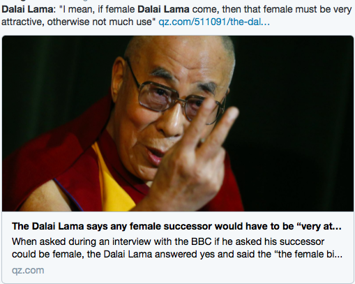 Vajragirl's tweet photo. Dalai Lama Sexist Downfall Parody http://t.co/JHDCm5R8bq #DalaiLama #sexist http://t.co/mRSEVo7Wor