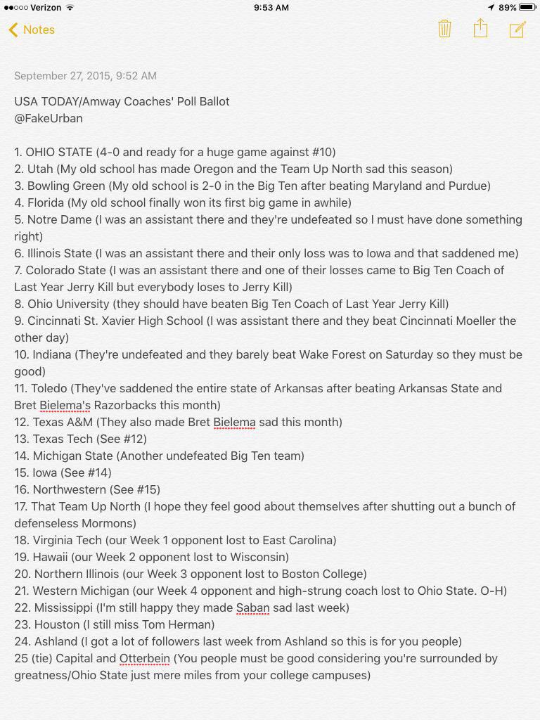 FakeUrban's tweet photo. In case you missed it, here's how I voted in this week's coaches' poll. http://t.co/XwrGCmyQDB